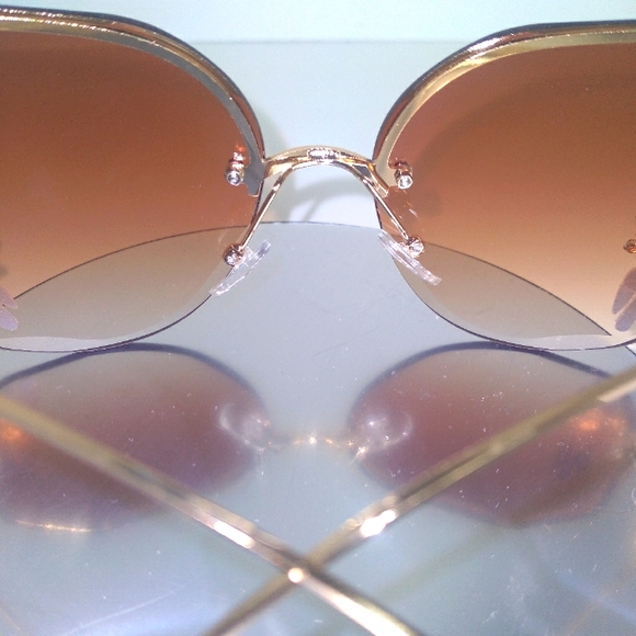 Rhinestone Rimless Brown & Gold Polygon Gradient Color Sunglasses New - Picture 5 of 8